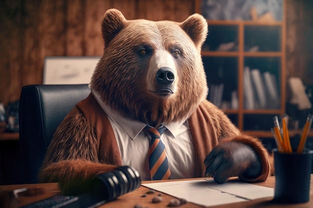 Ritratto dell'orso bruno in vestito di affari alla scrivania dell'ufficio ai generativo