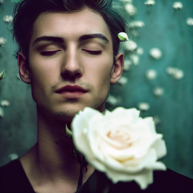 Ritratto dell'uomo con gli occhi chiusi e la rappresentazione 3d dei fiori della rosa bianca