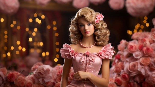 Ritratto della bambola Barbie in abiti rosa e accessori per lo shopping e il concetto di moda per la cartolina