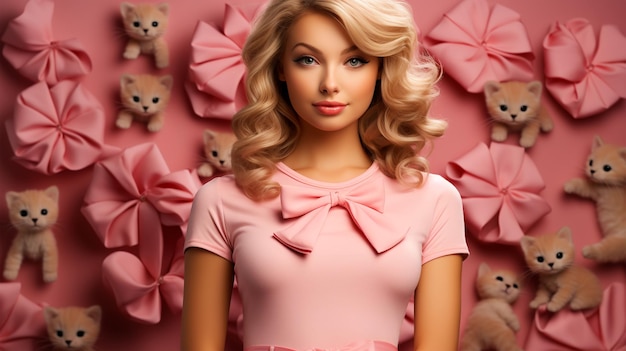 Ritratto della bambola Barbie in abiti rosa e accessori per lo shopping e il concetto di moda per la cartolina