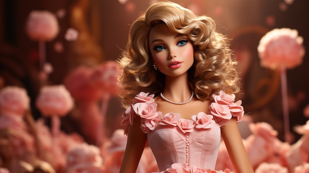 Ritratto della bambola Barbie in abiti rosa e accessori per lo shopping e il concetto di moda per la cartolina