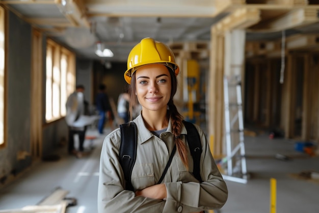 Ritratto della donna dell'ingegnere di manutenzione industriale che indossa l'uniforme e l'elmetto di sicurezza sugli stati di fabbrica