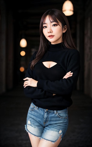 Ritratto della foto della donna asiatica gioiosa adolescente con AI generativo dei capelli neri