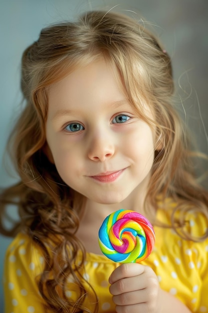 ritratto della Giornata Internazionale dell'Infanzia di una ragazzina sorridente con un arcobaleno rotondo lecca-lecca carino bambino dai capelli ricci in un vestito giallo
