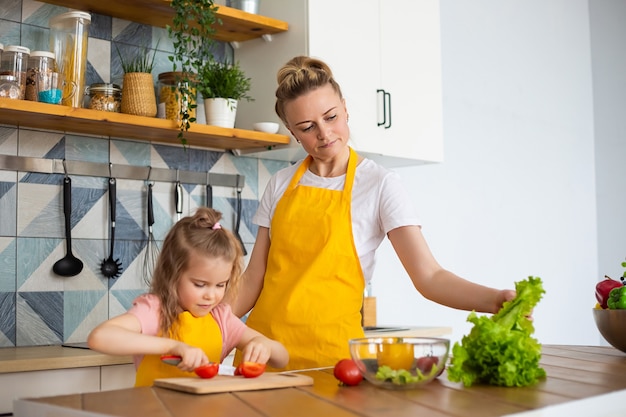 ritratto della madre con sua figlia in grembiuli gialli che preparano insieme una sana insalata per il pranzo.