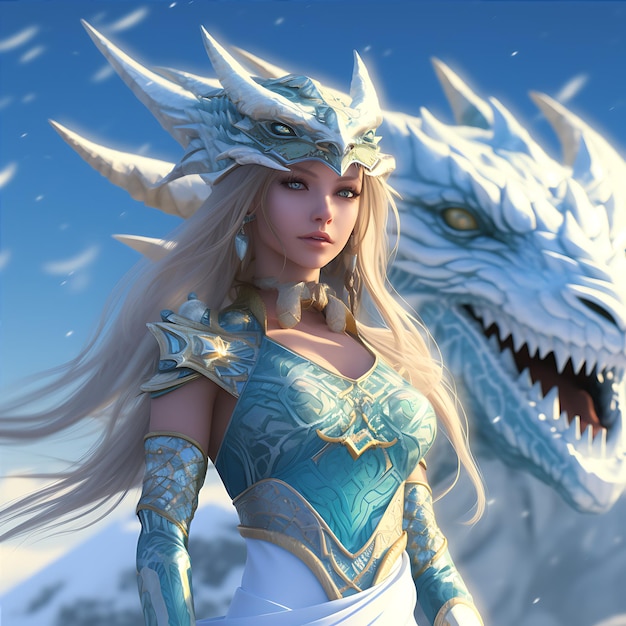 Ritratto della regina del drago che indossa abiti di fantasia con il suo feroce drago che respira fuoco al suo fianco