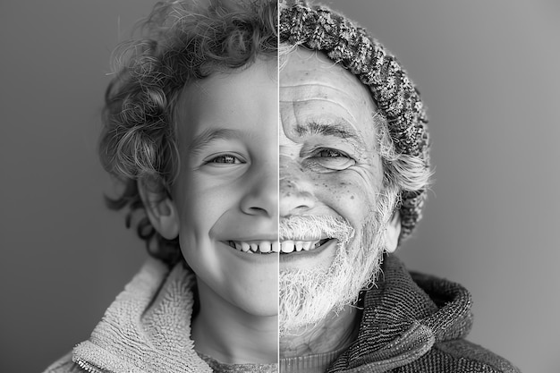 ritratto dello stesso giovane e vecchio uomo sorridente generato dall'AI