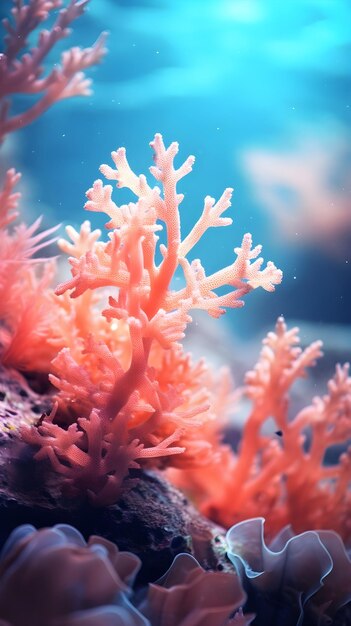 Ritratto dettagliato di coralli sottomarini in primo piano contro l'immagine di sfondo sottomarino