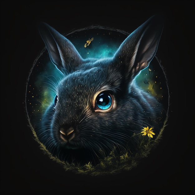 Ritratto dettagliato di un coniglio nero Simbolo del coniglio nero del 2023 Illustrazione fotorealistica