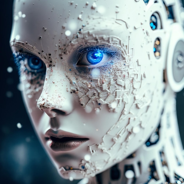 Ritratto dettagliato di un robot umanoide Primo piano foto ritratto di Android Illustrazione fotorealistica