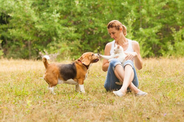 Ritratto di adorabile Beagle in piedi vicino al suo proprietario, giovane donna attraente, con un soffice gatto bianco sulle ginocchia. Gatto che tocca il naso dei cani con la zampa