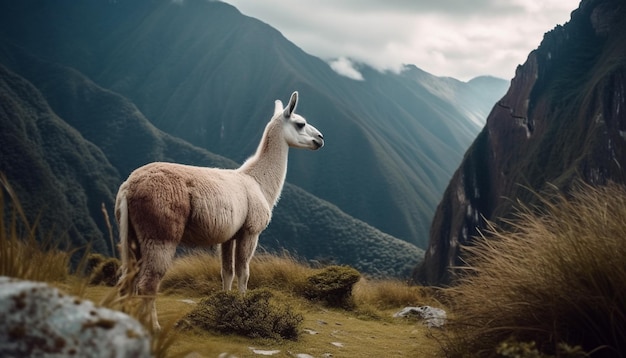 Ritratto di alpaca nel prato di montagna carino e lanoso generato dall'intelligenza artificiale