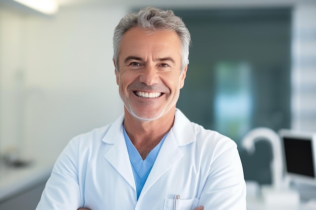 Ritratto di amichevole medico europeo in abbigliamento da lavoro con stetoscopio sul collo in posa nell'interno della clinica guardando e sorridendo alla macchina fotografica