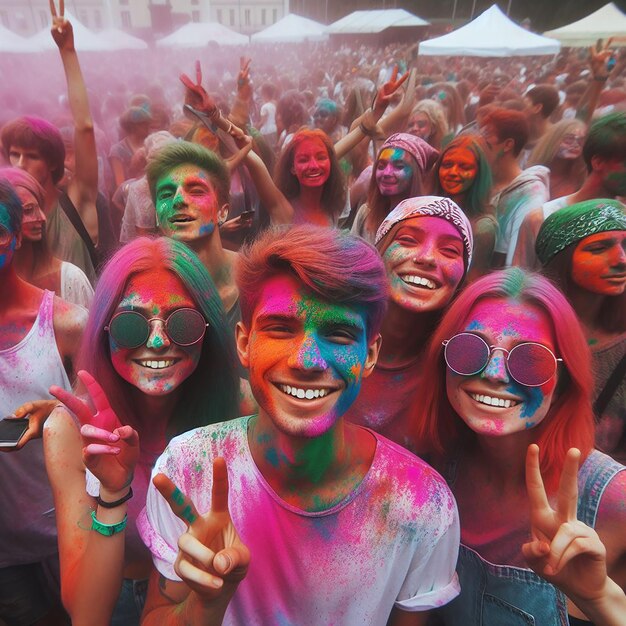 Ritratto di amici felici alla festa dei colori di Holi Holi Celebration