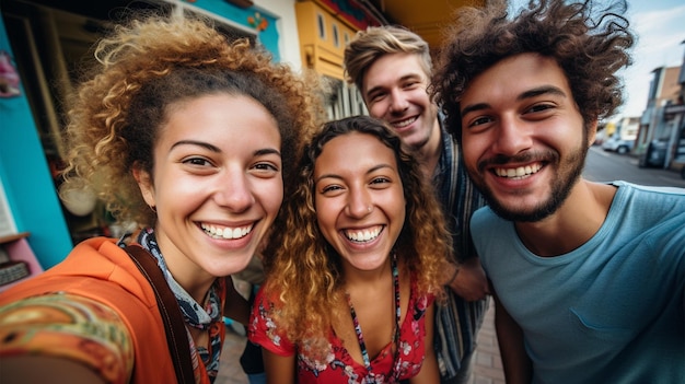 Ritratto di amici sorridenti che si fanno un selfie con lo smartphone in una vista a basso angolo della città