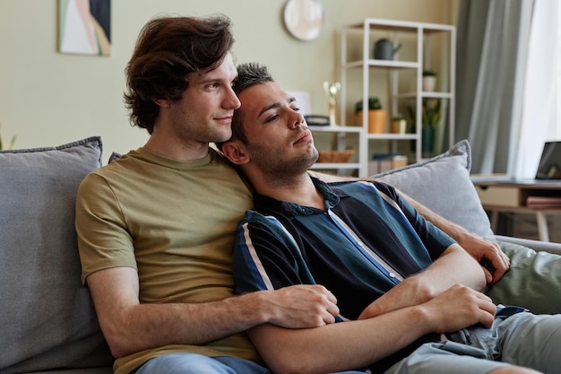 Ritratto di amorevole coppia gay che si rilassa insieme sul divano e guarda la tv in una casa accogliente
