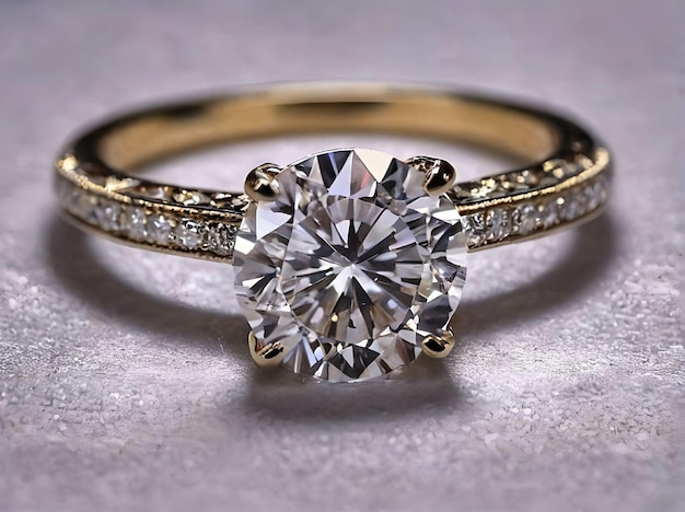Ritratto di anello di diamanti lussuoso scintillante su una superficie grigia