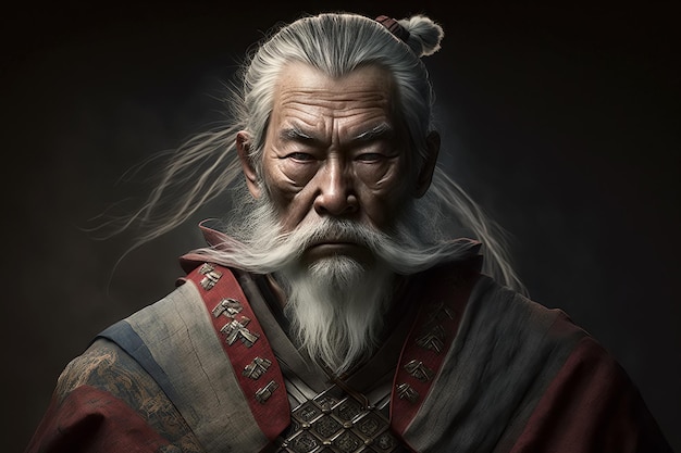 Ritratto di anziano guerriero samurai in armatura giapponese tradizionale IA generativa