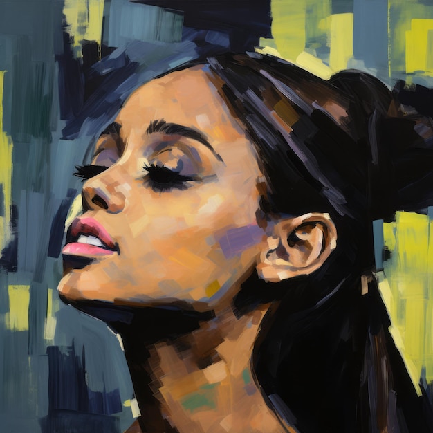 Ritratto di Ariana Grande Impressionismo urbano in giallo scuro e ciano chiaro