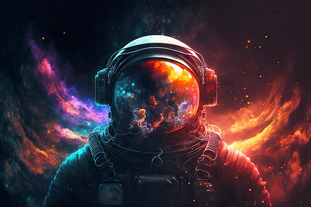 Ritratto di astronauta fantasy astronauta galleggiante con riflesso dell'universo nel casco