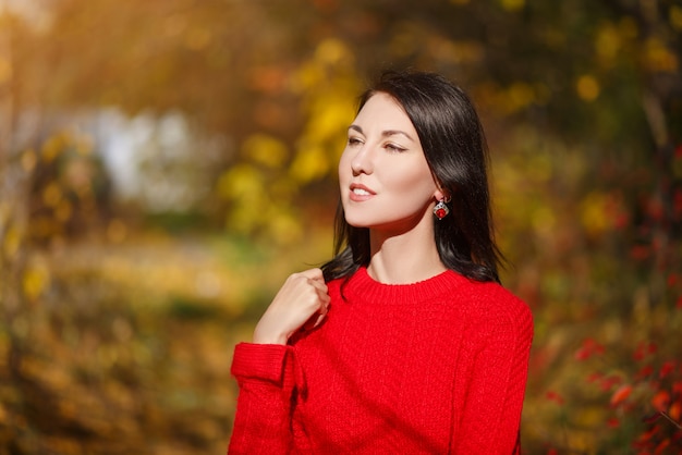 Ritratto di autunno di una donna giovane ragazza bruna in un maglione rosso