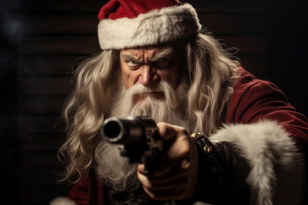 Ritratto di Babbo Natale cattivo che mira con l'intelligenza artificiale generativa della pistola