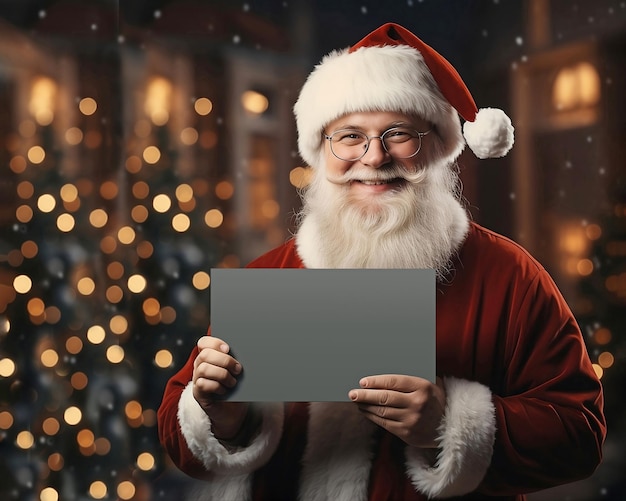 Ritratto di Babbo Natale con una tavoletta nelle mani su uno sfondo sfocato Luogo per il testo
