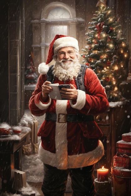 Ritratto di Babbo Natale con uno smartphone in mano su uno sfondo sfocato del Capodanno