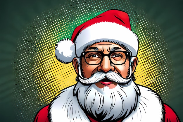 Ritratto di Babbo Natale sorridente con gli occhiali in stile fumetto illustrazione generativa di IA per Natale