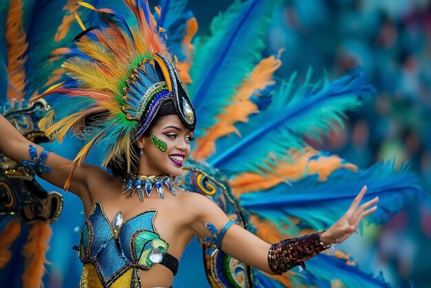 Ritratto di ballerini di carnevale con piume colorate al momento delle celebrazioni della festa del samba