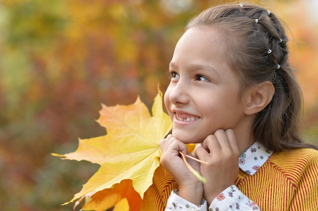 Ritratto di bambina carina che tiene foglie nel parco autunnale