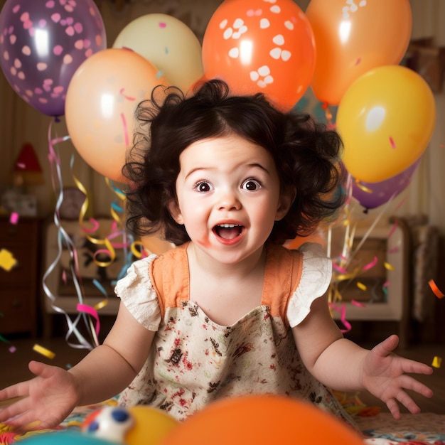 Ritratto di bambina gioiosa che festeggia il compleanno della figlia con palloncini torta e ghirlanda di compleanno