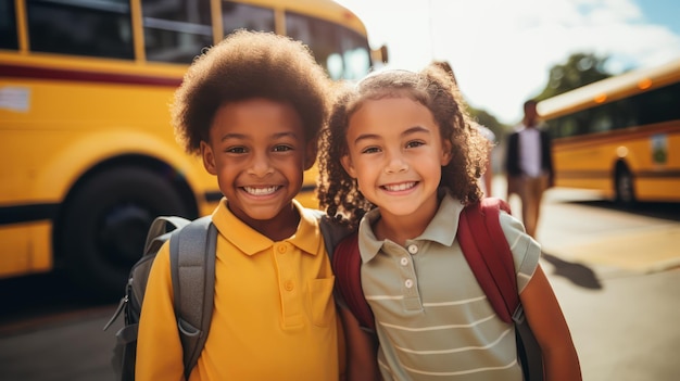 Ritratto di bambini con un autobus scolastico