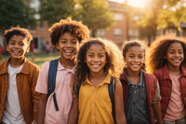 Ritratto di bambini multiculturali che passano il tempo con gli amici al tramonto Diversità