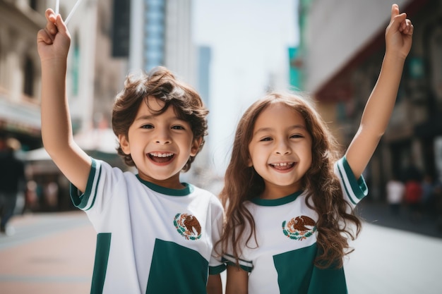 ritratto di bambini sorridenti in camicie e jeans che stanno insieme in città