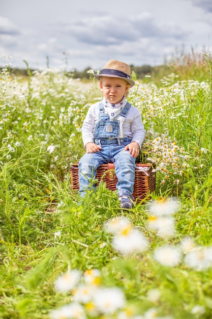 Ritratto di bambino adorabile con fiori in campo di camomilla