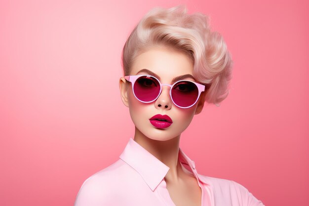 Ritratto di Barbie belle donne bionde con occhiali da sole rosa e rossetto Generative Ai