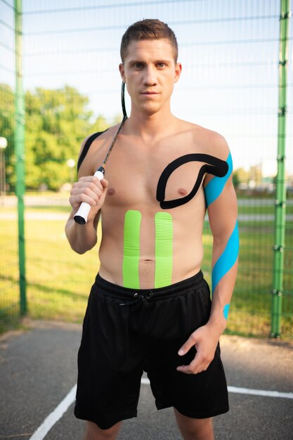 Ritratto di bel giovane indoeuropeo giocatore di tennis professionista con nastri elastici sul corpo che trasportano racchetta vicino al campo sportivo recintato