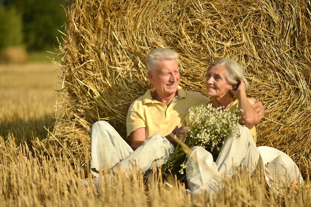 Ritratto di bella coppia senior seduta sulla paglia