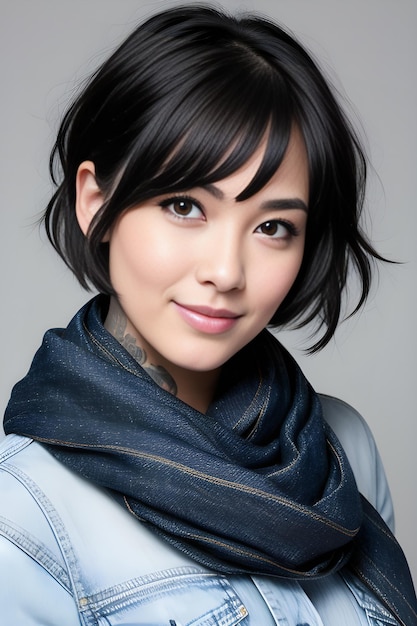 Ritratto di bella donna asiatica che indossa giacca e sciarpa di blue jeans