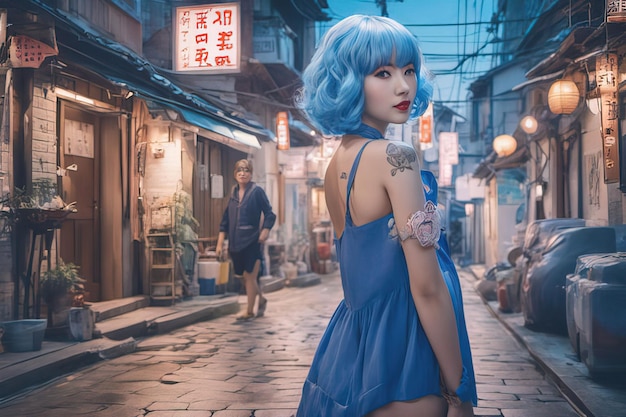 Ritratto di bella donna con i capelli blu