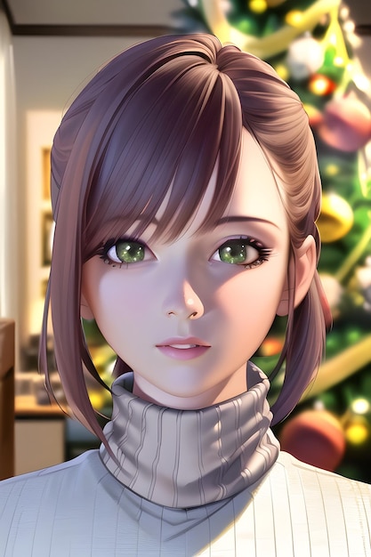 Ritratto di bella donna davanti all'albero di Natale invernale nell'illustrazione della pittura digitale in stile anime