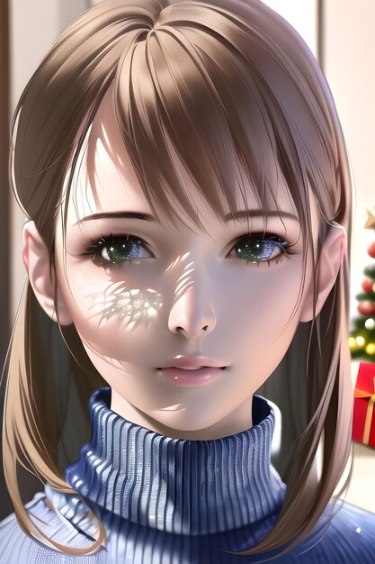 Ritratto di bella donna davanti all'albero di Natale invernale nell'illustrazione della pittura digitale in stile anime