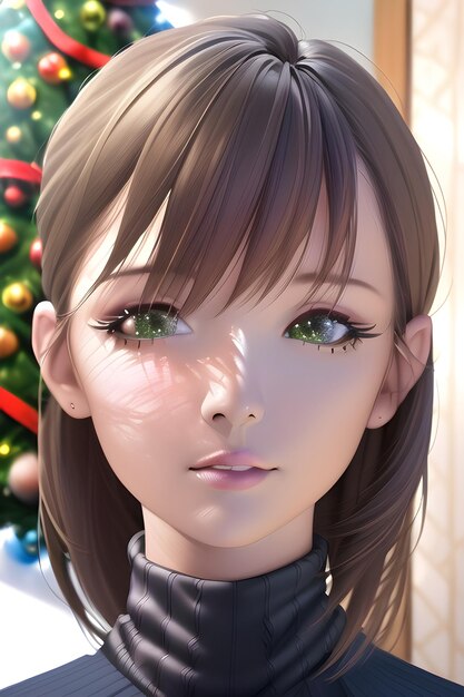 Ritratto di bella donna davanti all'albero di Natale invernale nell'illustrazione della pittura digitale in stile anime