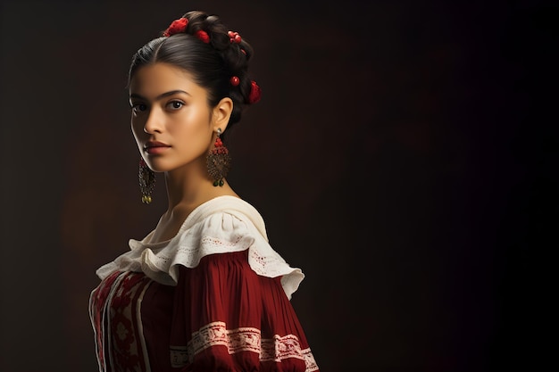 Ritratto di bella donna messicana in un abito Chiapaneca uniforme del costume nazionale femminile del Messico