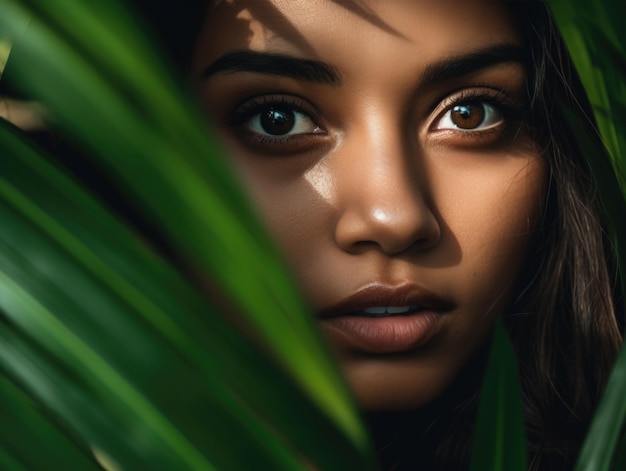 ritratto di bella donna tropicale che guarda attraverso la grande foglia verde nella giungla tropicale
