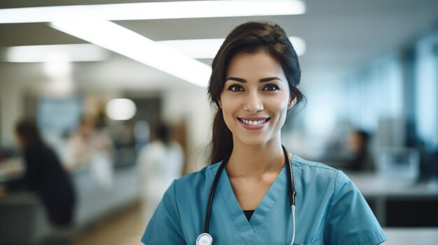 Ritratto di bella dottoressa che guarda l'obbiettivo sullo sfondo sfocato dell'ospedale