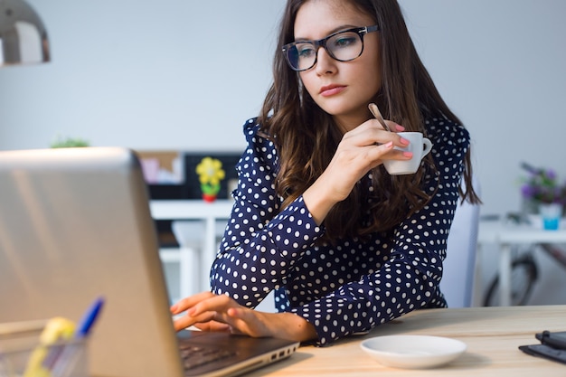 Ritratto di bella giovane donna che lavora con il computer portatile nel suo ufficio.