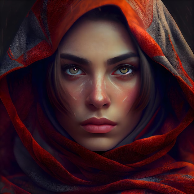 Ritratto di bella giovane donna coperta di sciarpa rossa