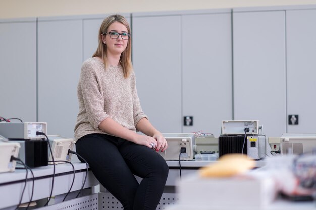 ritratto di bella giovane studentessa seduta sul tavolo in aula di laboratorio di elettronica